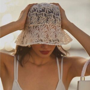 Anthropologie Embroidered Tulle Bucket Hat Ivory Lace NWOT